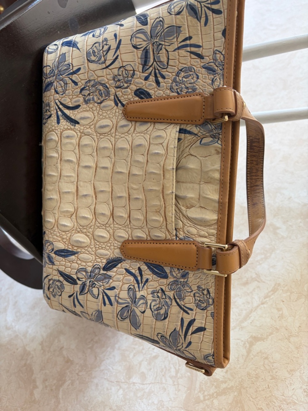 Floral Embossed Croc-Texture Tote with Tassel Charm - Cream & Navy - Picture 2 of 5